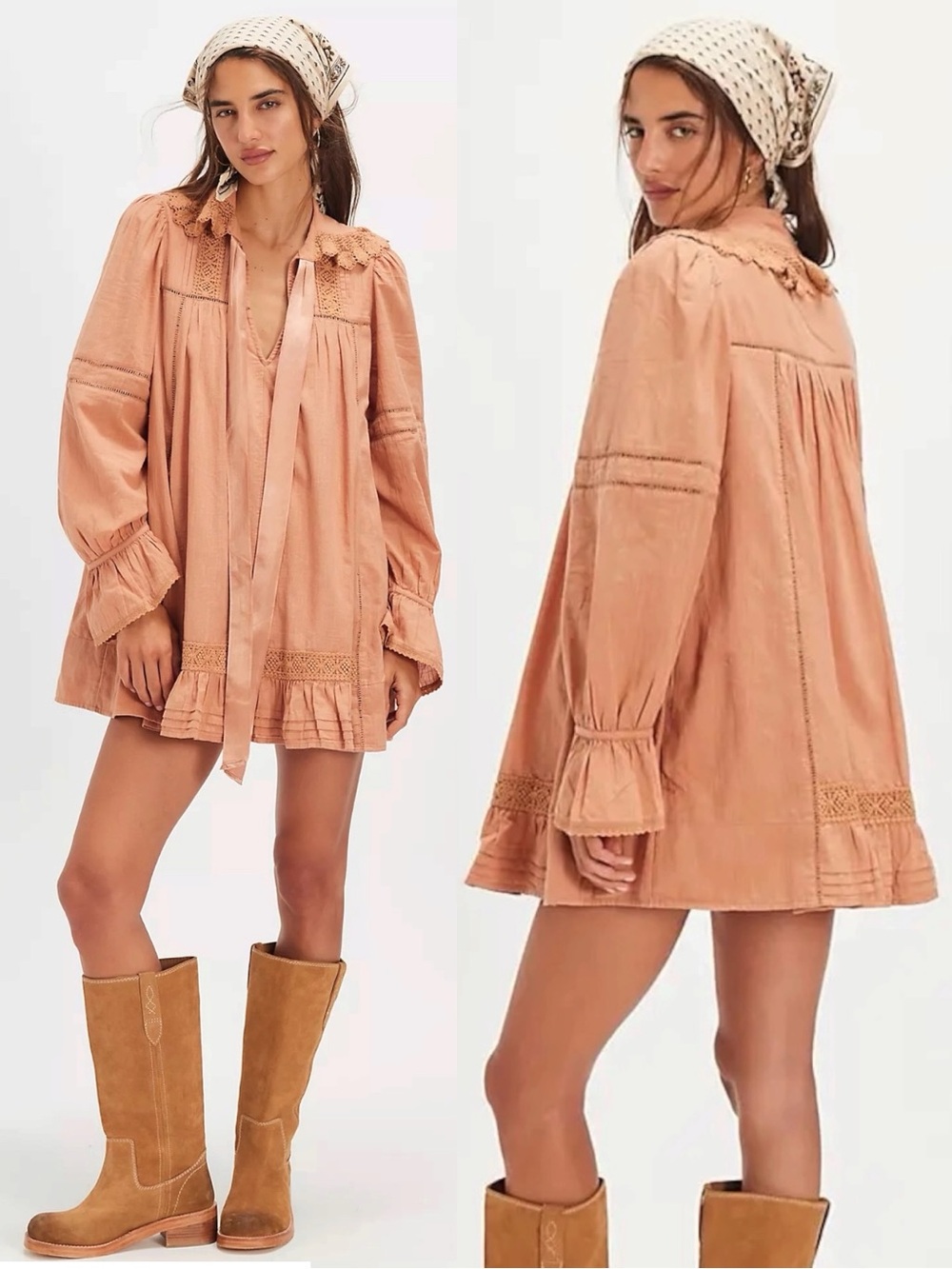 Free People Dainty Cottage Crochet 5 O'clock Tea Time Mini Dress Neutral Tan XL